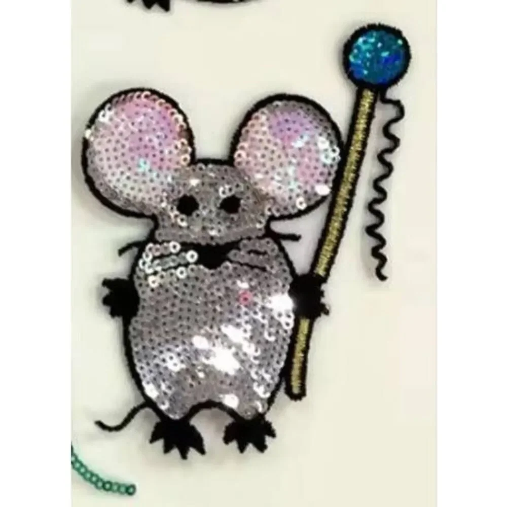 NWOT Iron-On Sequin Mouse with Pin and Thread Patch Applique 4in by 3in